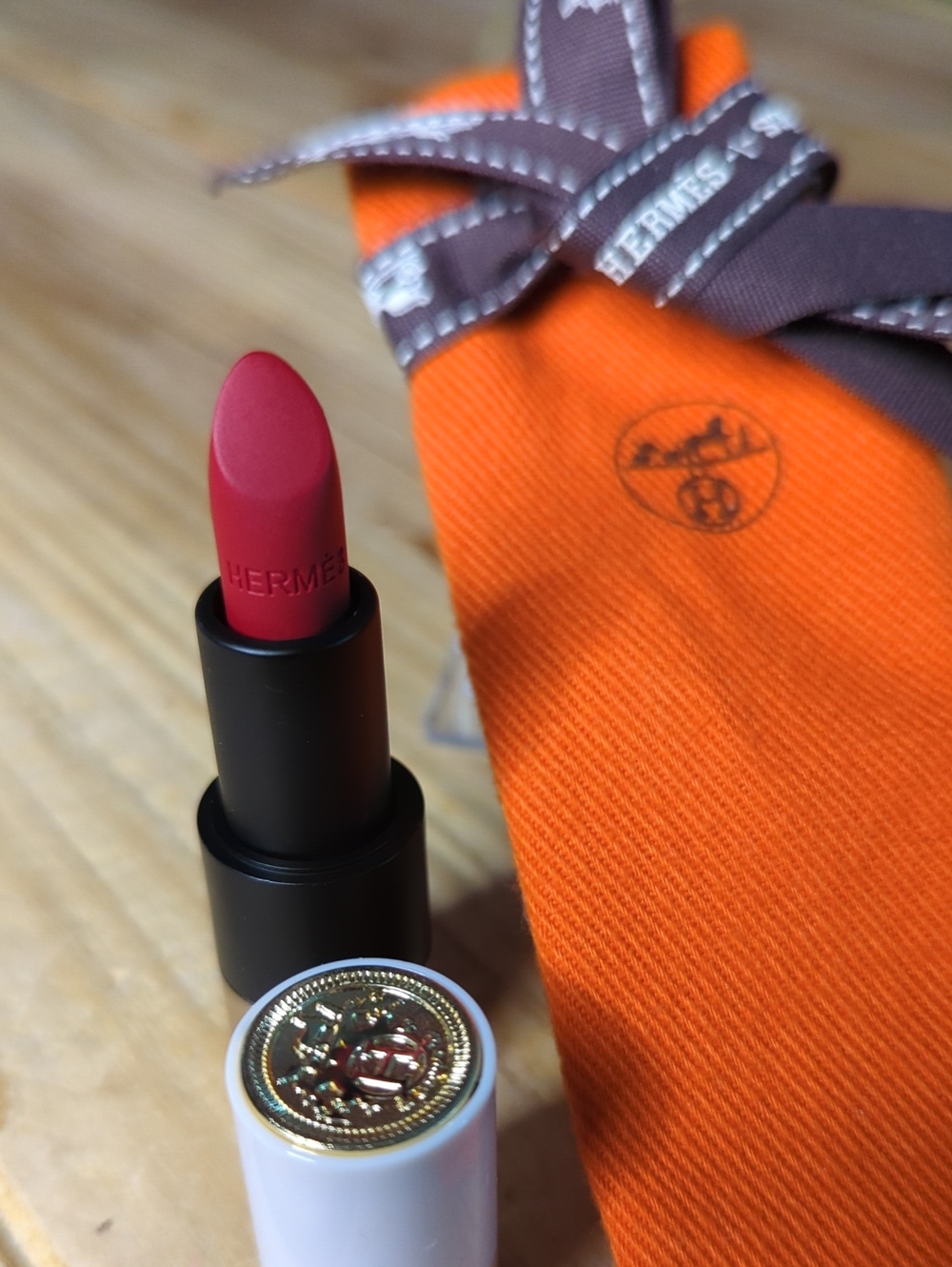 Hermes Bright Vibrant Red Lipstick With Pouch And Ribbon